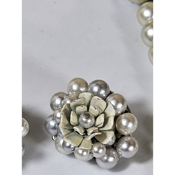 Vintage Japan Faux Pearl 3-Strand Necklace & Clip-On Earrings Set Floral Cluster - Picture 11 of 16